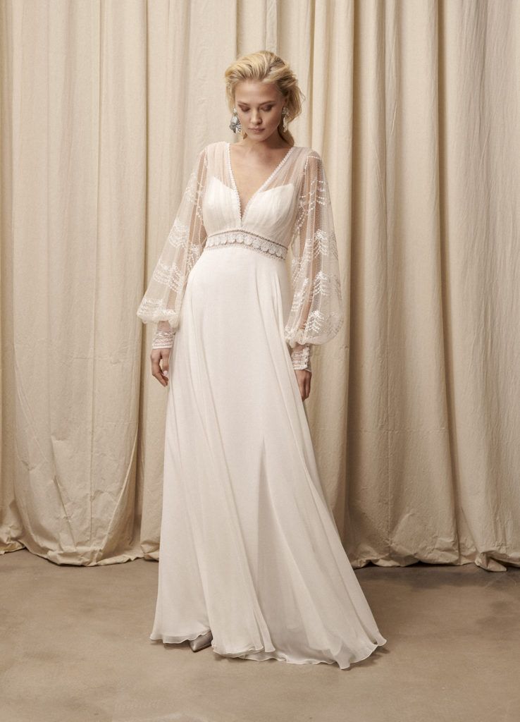 Robe de mariée Dreams manches bouffantes ballons larges dentelle mousseline fluide champêtre Rembo Styling 2021 - Muses